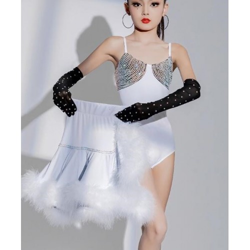 White feather competition ballroom latin dance dresses with gemstones for kids girls salsa samba chacha performance costumes for girl